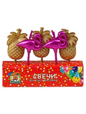 Свечи для торта Миленд на пиках Ананасы и фламинго, 5 шт, пластик уп., европодвес C-6009