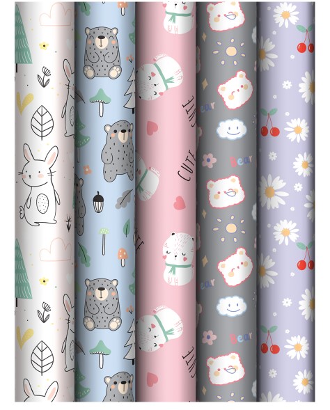 Упаковочная бумага глянц. 70х100 см, MESHU 'Сute friends', 80 г;м2, ассорти, 5 дизайнов, MS_62803