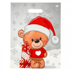 Пакет ПЭ с вырубной ручкой 31х40+6см (60) (Мишка с подарками) НГ, глянцевый, ВУР56844