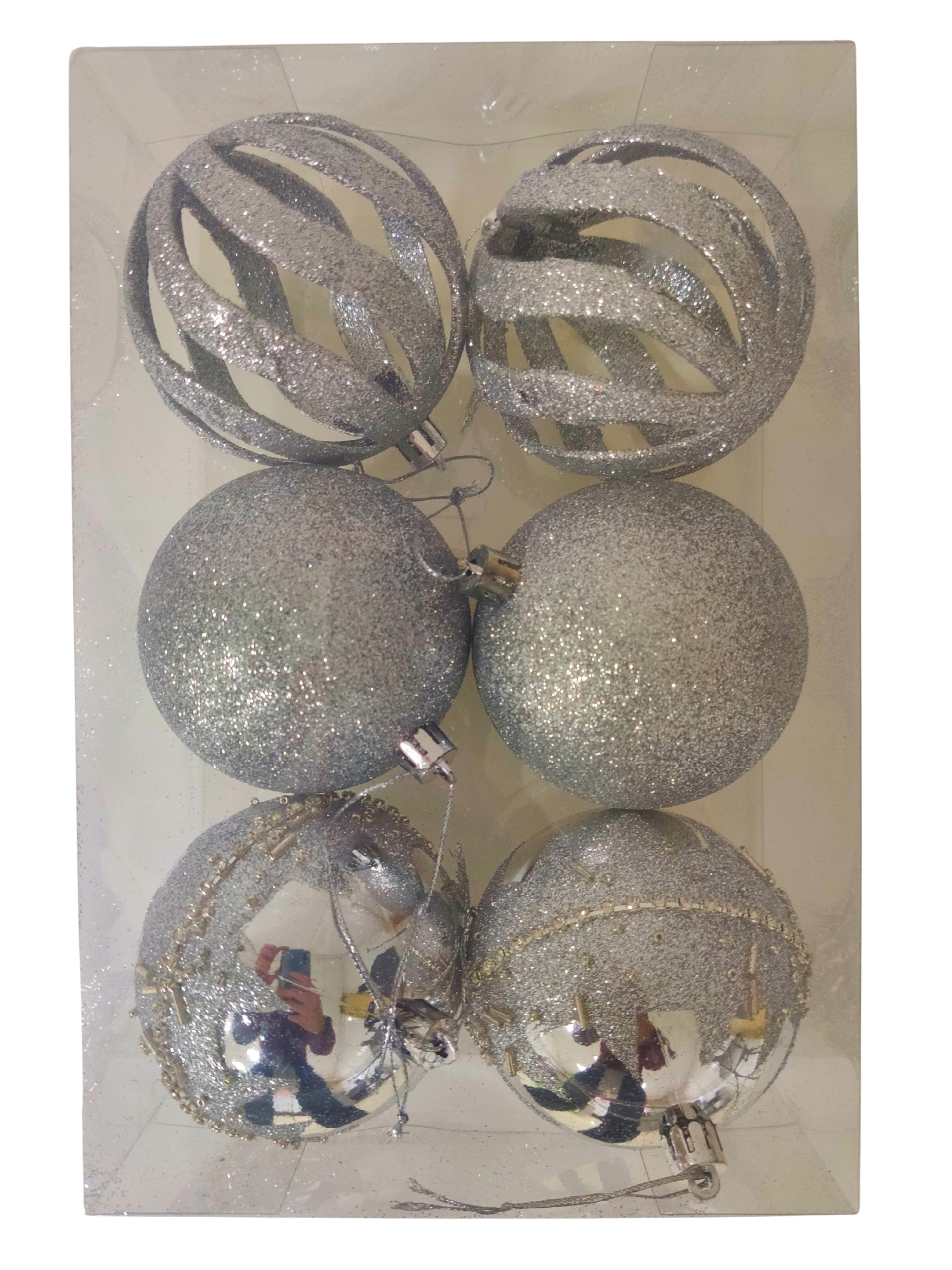 Набор новогодних шаров, (6 шт/уп), серебро, 8 см, 6163-23