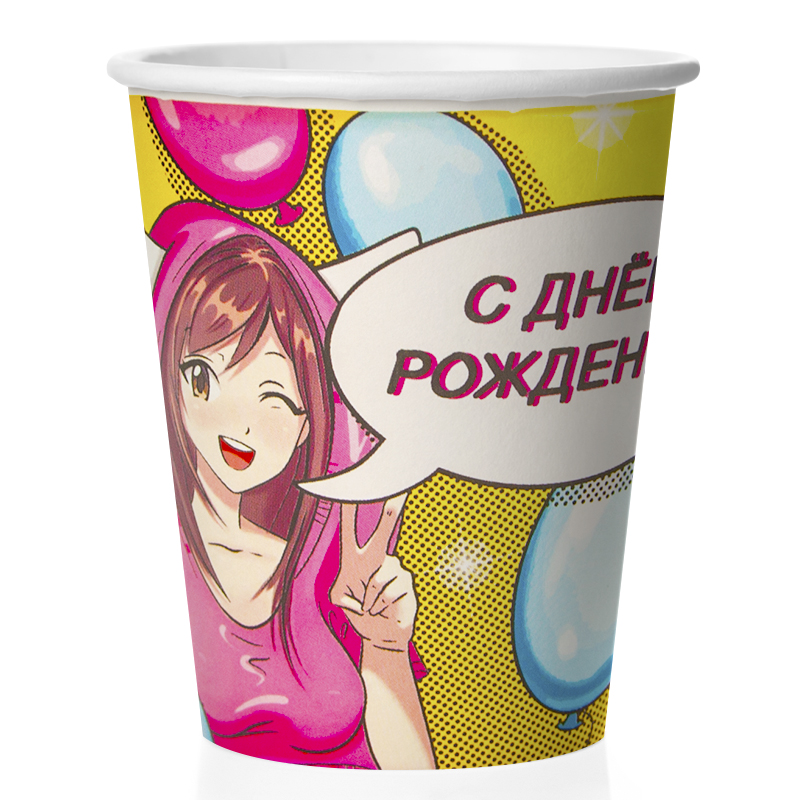 Набор стаканов бумажных , 'Аниме.С днем рождения', 250 мл , (6 шт;уп), 77326