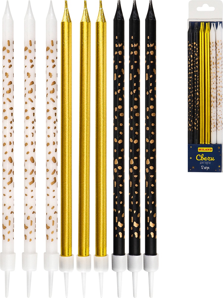 Свечи для торта на подставках 'Металлический принт', 0.5х12.5+2 см, (12 шт), С-2004