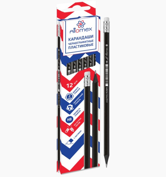 Карандаш чернографитный 'Attomex' HB, диаметр грифеля 2 мм, шестигранный, с ластиком, 5032110