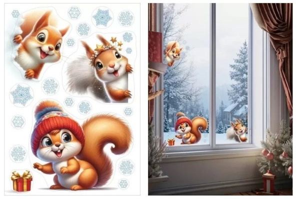 Двусторонняя наклейка, А3, 'Новогодние белочки', 0201149