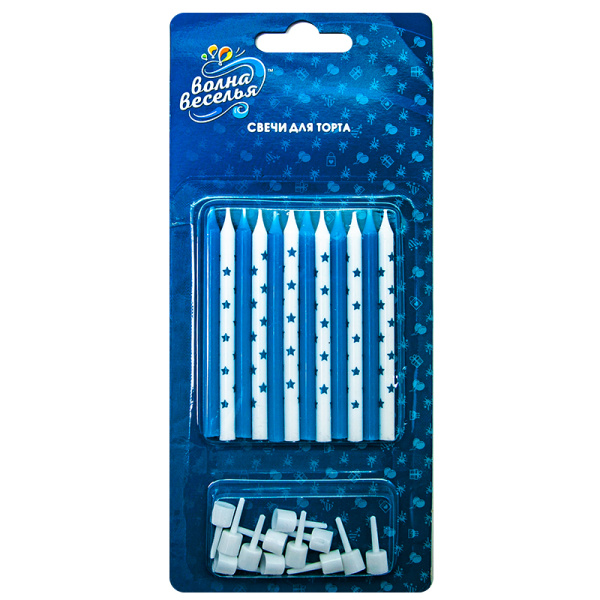 Свеча Звездочки, Голубой микс, 7,5 см, (12 шт;уп), с держателем, 132490